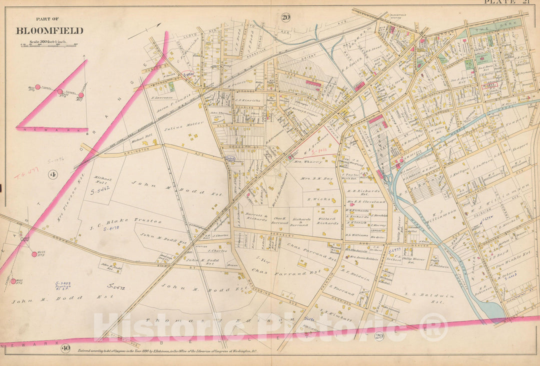 Historic Map : Atlas of Essex County, New Jersey, Bloomfield 1890 Plate 021 , Vintage Wall Art