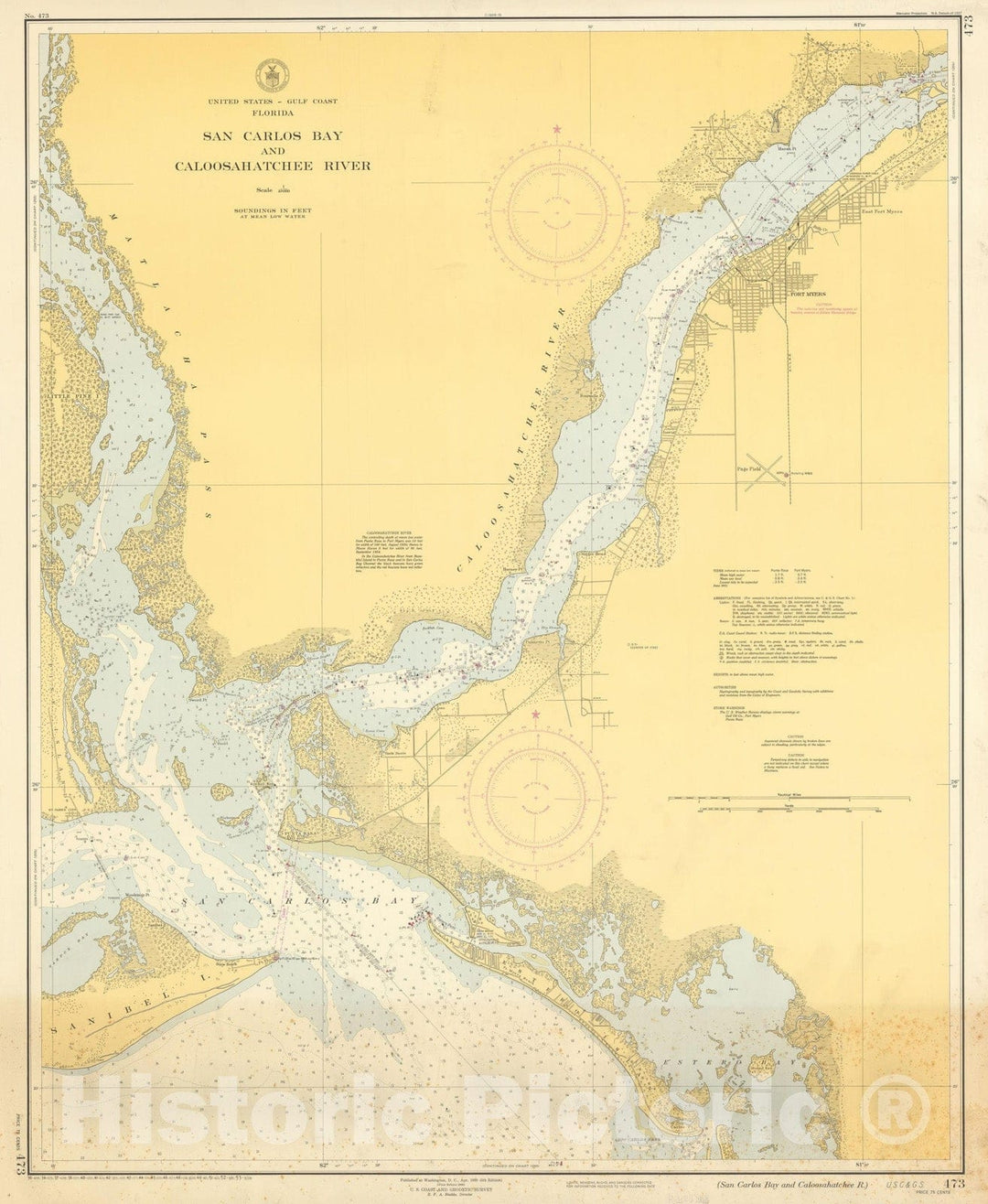 Historic Map : Coastal Charts - FL: San Carlos Bay and Caloosahatchee R. 1953 , Vintage Wall Art