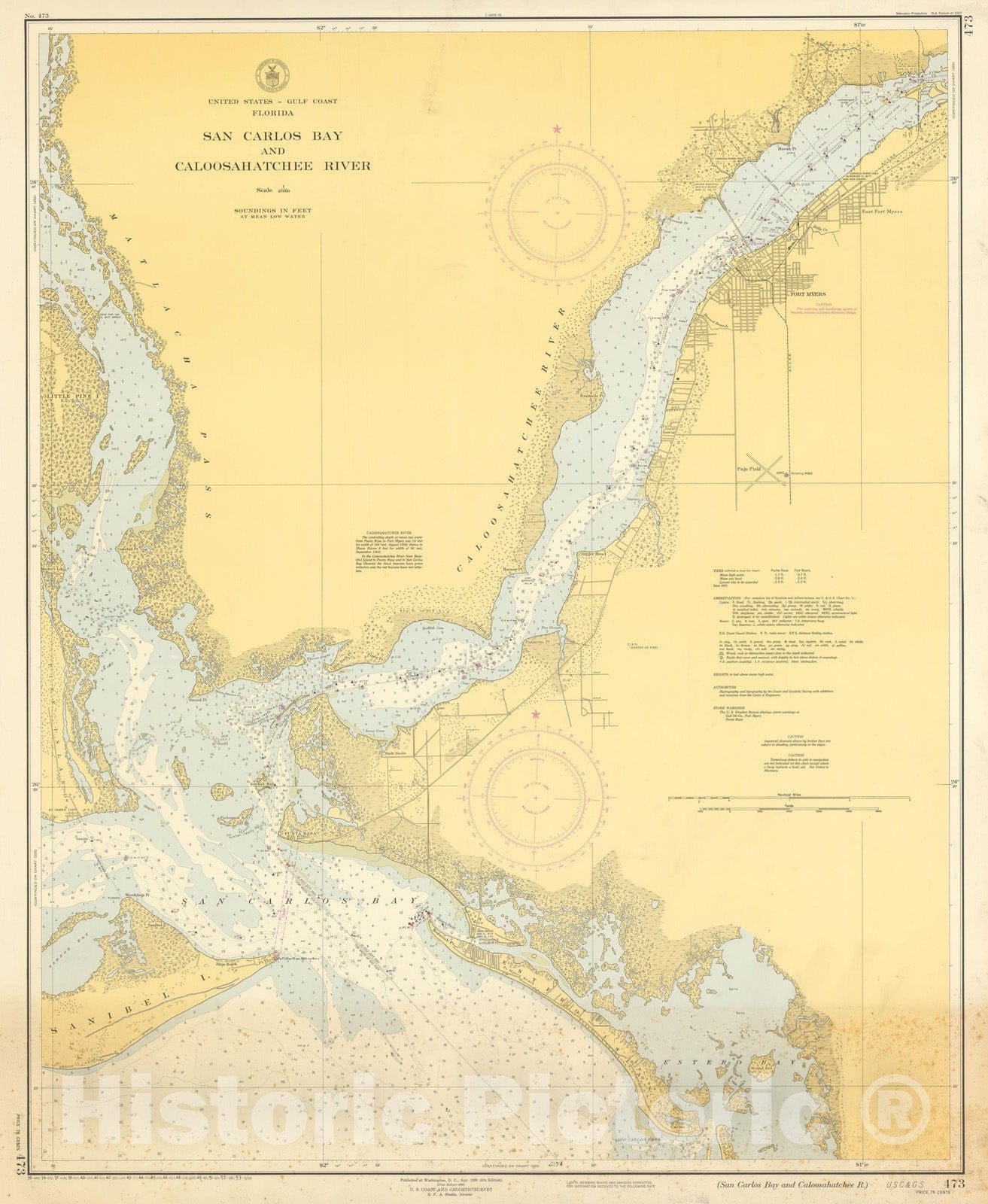 Historic Map : Coastal Charts - FL: San Carlos Bay and Caloosahatchee R. 1953 , Vintage Wall Art