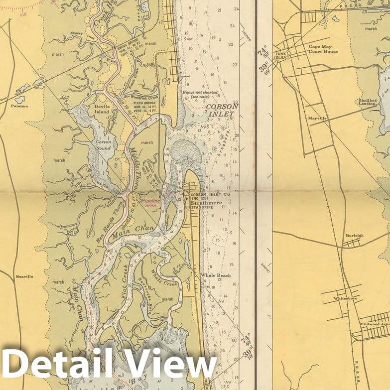 Historic Map : Coastal Charts - New Jersey Intracoastal: Longport to Cape May 1940 , Vintage Wall Art