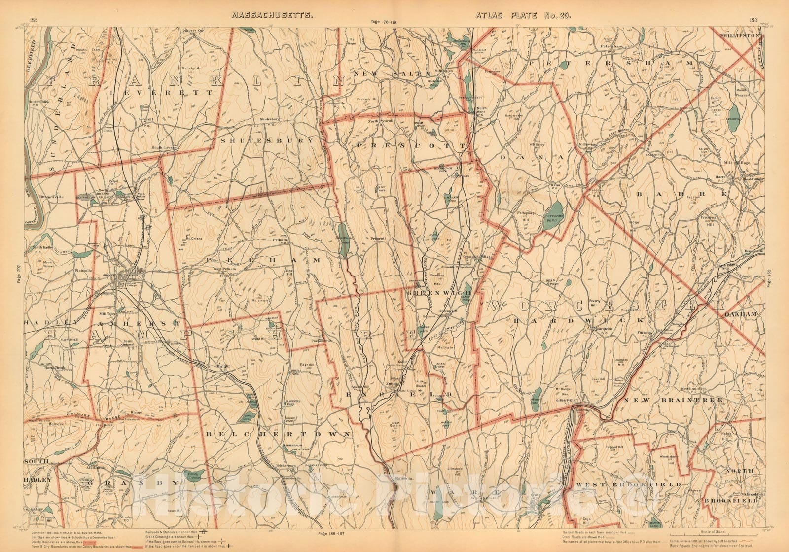 Historic Map : Atlas of Massachusetts, Amherst & Enfield & Greenwich & Hardwick & New Braintree & Pelham & Prescott 1891 Plate 020 , Vintage Wall Art