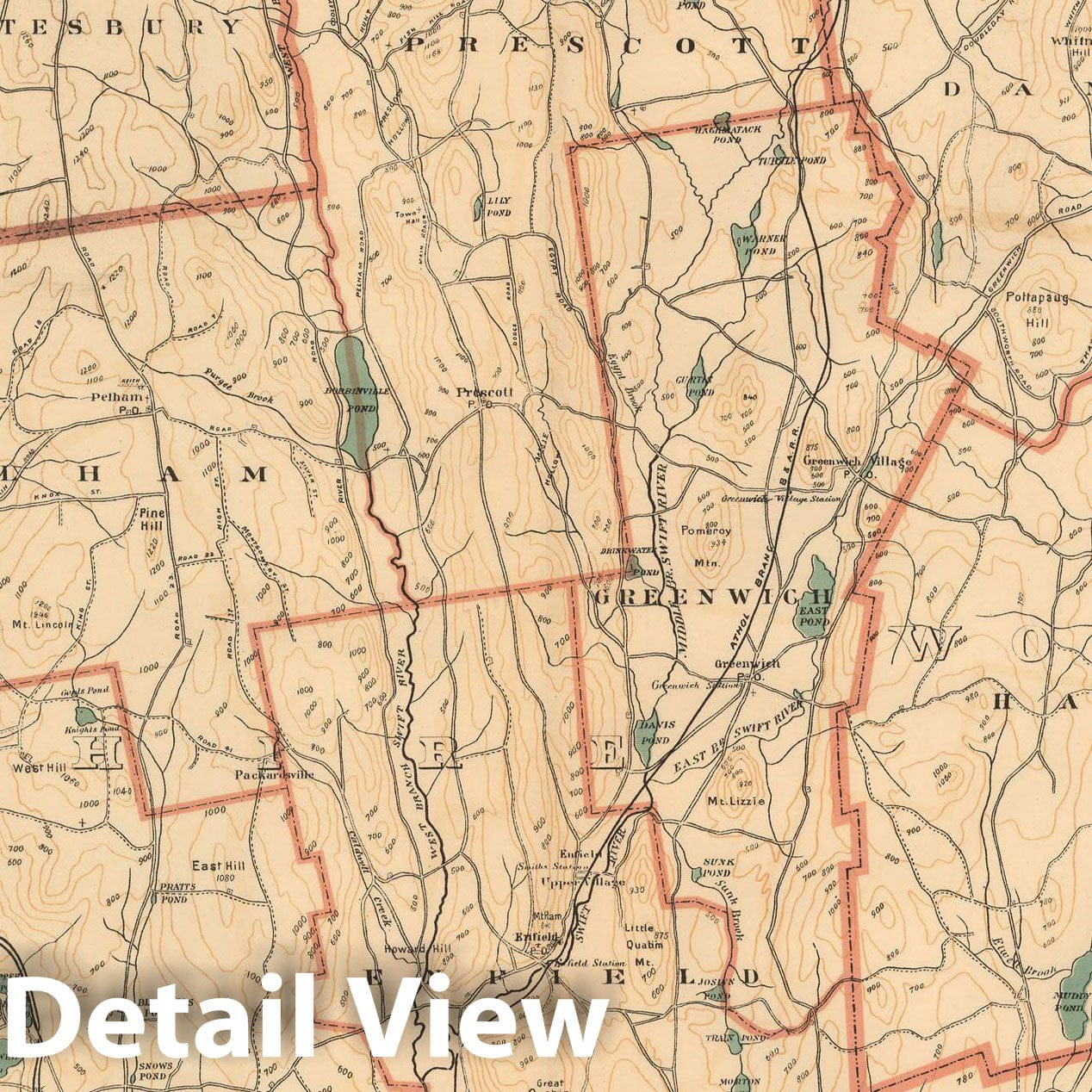 Historic Map : Atlas of Massachusetts, Amherst & Enfield & Greenwich & Hardwick & New Braintree & Pelham & Prescott 1891 Plate 020 , Vintage Wall Art