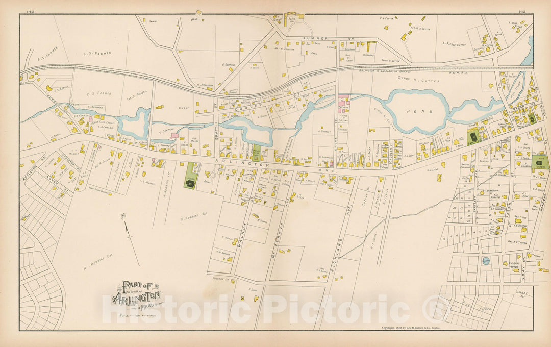 Historic Map : Atlas of Middlesex County, Massachusetts, Arlington 1889 , v3, Vintage Wall Art