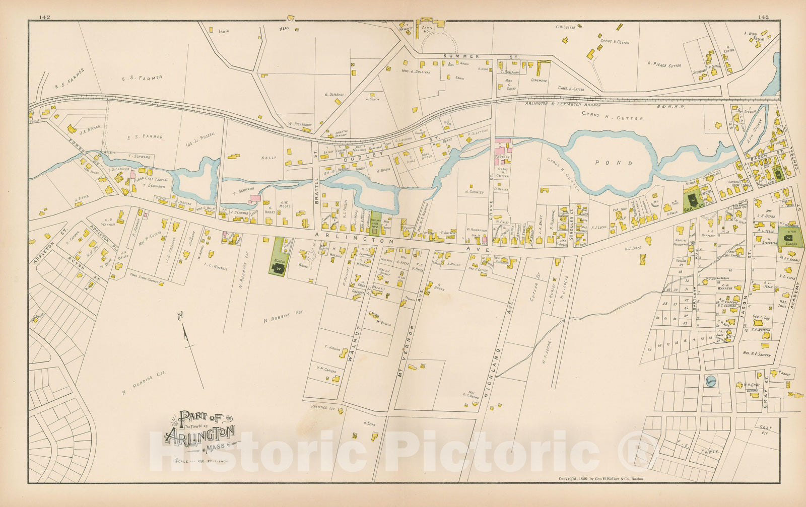 Historic Map : Atlas of Middlesex County, Massachusetts, Arlington 1889 , v3, Vintage Wall Art