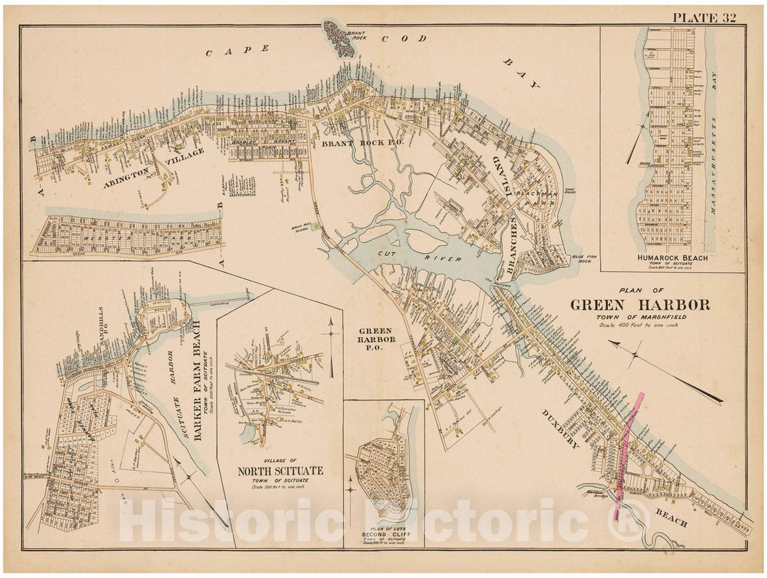 Historic Map : MA, Marshfield 1903 Plate 032 , New Topographical Atlas of Surveys of Plymouth County ... , Vintage Wall Art