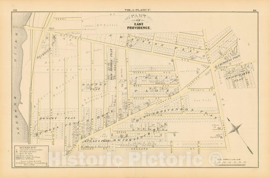 Historic Map : City Atlas of Providence Rhode Island by Wards, Volume I, East Providence 1875 Plate U , Vintage Wall Art