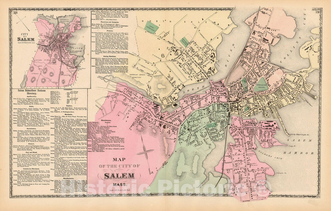 Historic Map : Atlas of Essex County Massachusetts, Salem 1872 , Vintage Wall Art