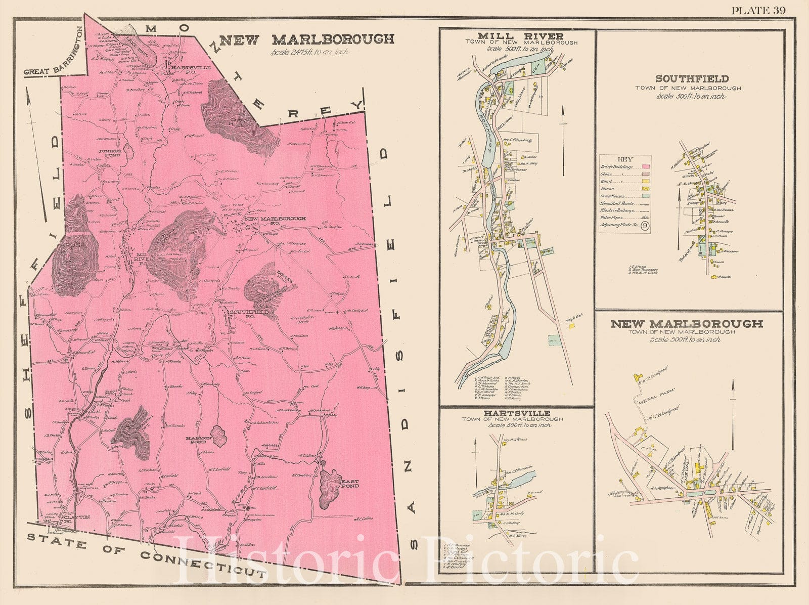 Historic Map : Atlas of Berkshire County Massachusetts, New Marlborough 1904 Plate 039 , Vintage Wall Art