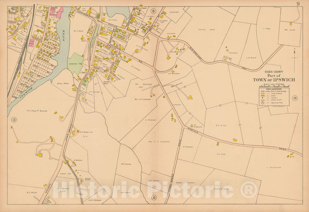 Historic Map : Atlas Towns of Topsfield, Ipswich, Essex, Hamilton and Wenham, Essex County, MA, Ipswich 1910 Plate 009 , Vintage Wall Art