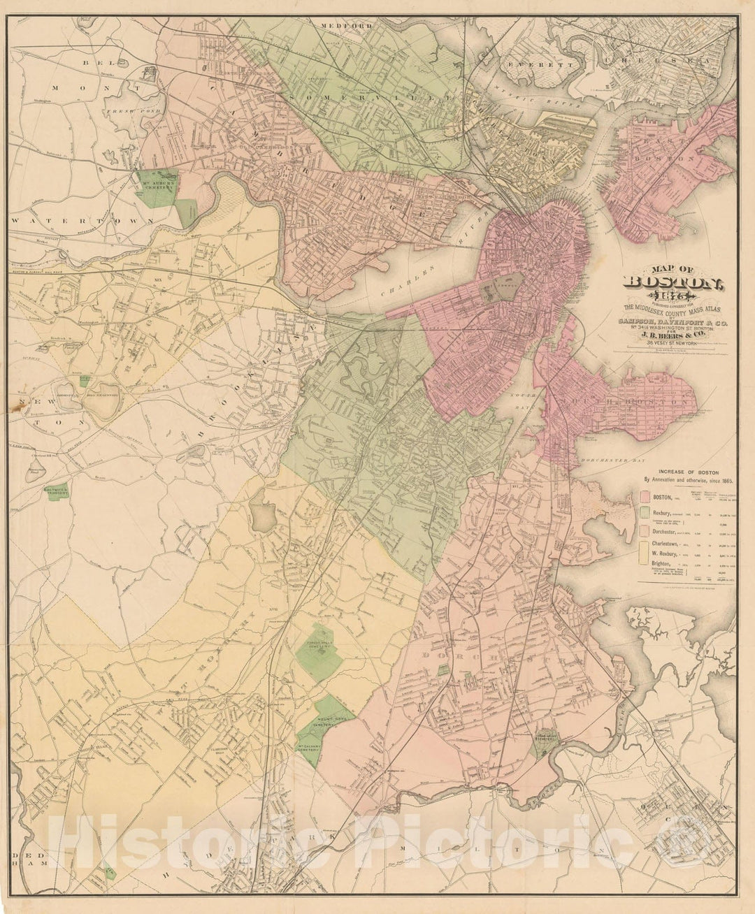 Historic Map : County Atlas of Middlesex Massachusetts, Boston 1875 , Vintage Wall Art