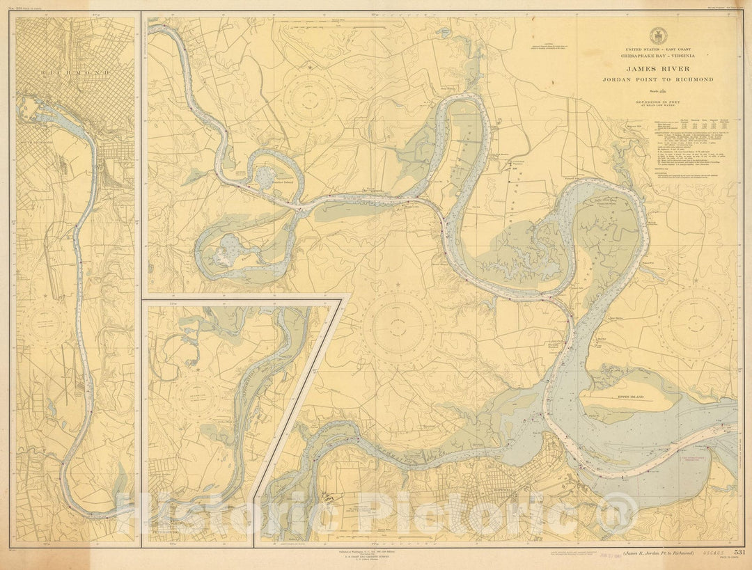 Historic Map : Coastal Charts - Virginia: James River - Jordan Pt to Richmond 1947 , Vintage Wall Art