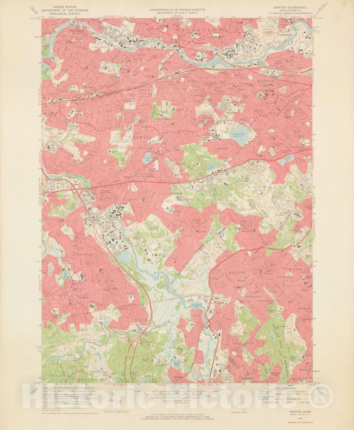 Historic Map : USGS 7.5 Minute Sheets and Quadrangles, Boston & Newton 1970 Topographic Map , Vintage Wall Art