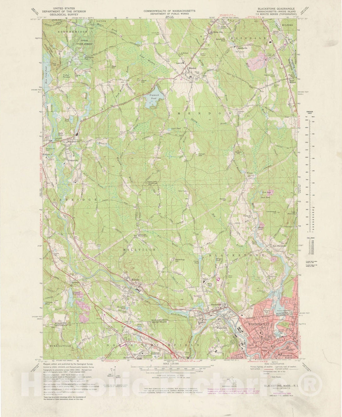 Historic Map : USGS 7.5 Minute Sheets and Quadrangles, Blackstone & Mendon & Milford & Woonsocket 1979 Topographic Map , Vintage Wall Art