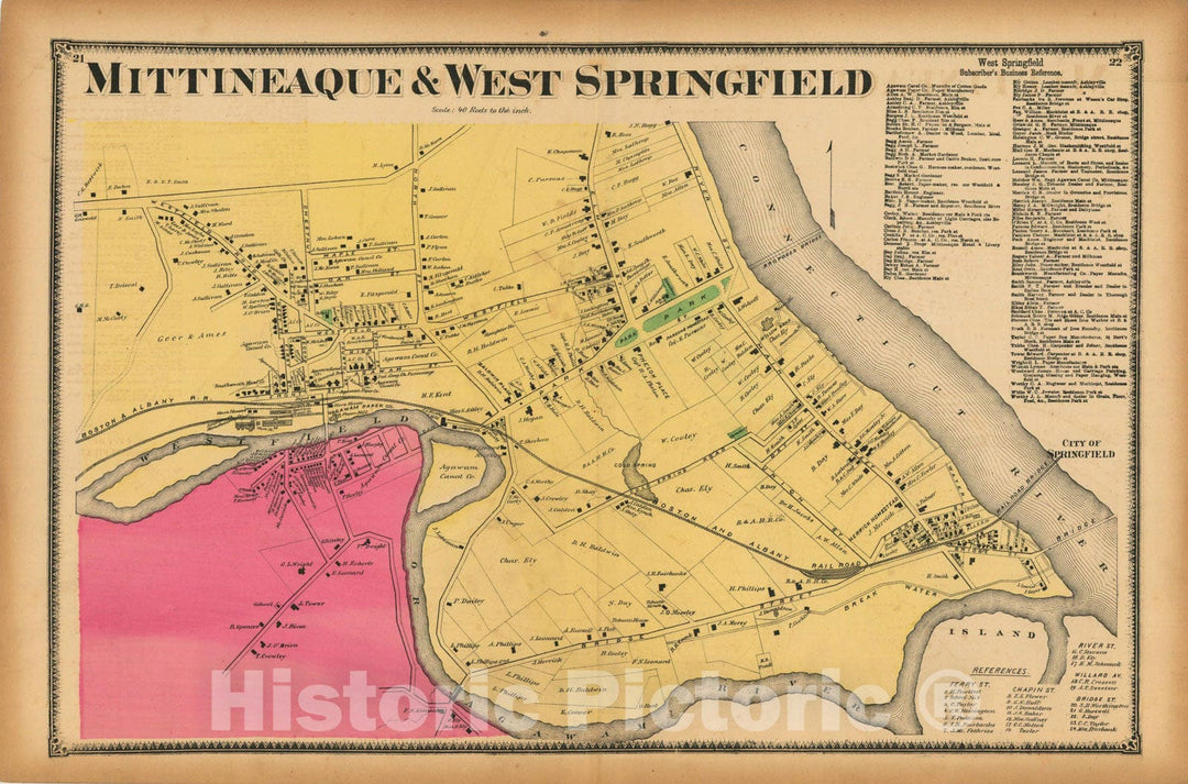 Historic Map : Atlas of Hampden County Massachusetts, West Springfield 1870 , v2, Vintage Wall Art