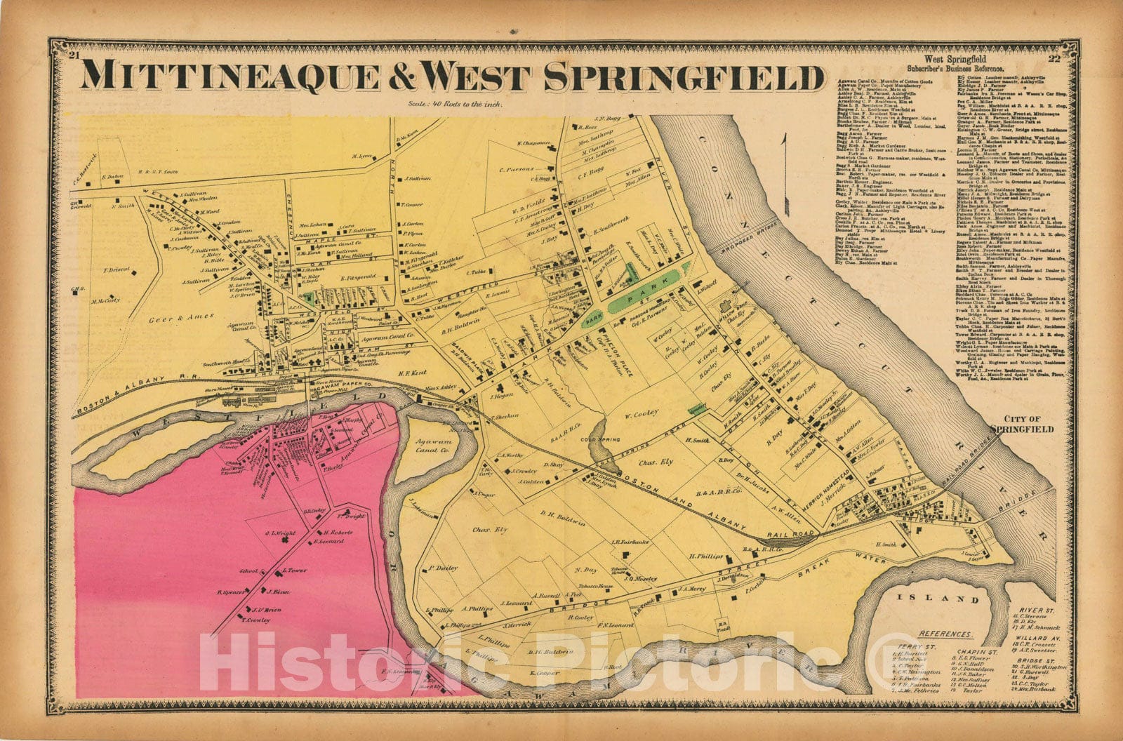 Historic Map : Atlas of Hampden County Massachusetts, West Springfield 1870 , v2, Vintage Wall Art