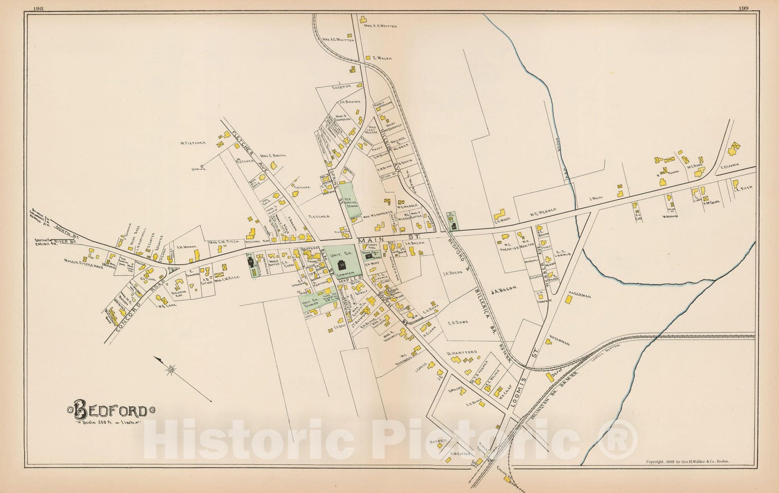 Historic Map : Atlas of Middlesex County, Massachusetts, Bedford 1889 , Vintage Wall Art
