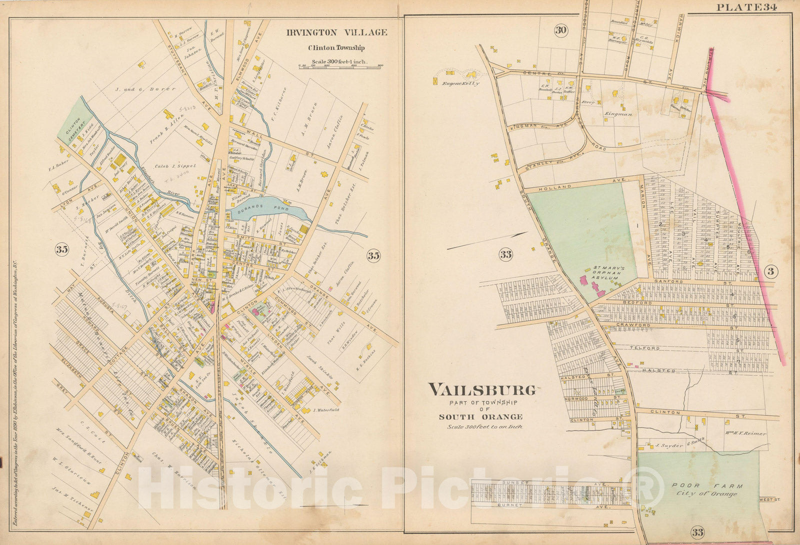 Historic Map : Atlas of Essex County, New Jersey, Irvington & South Orange 1890 Plate 034 , Vintage Wall Art