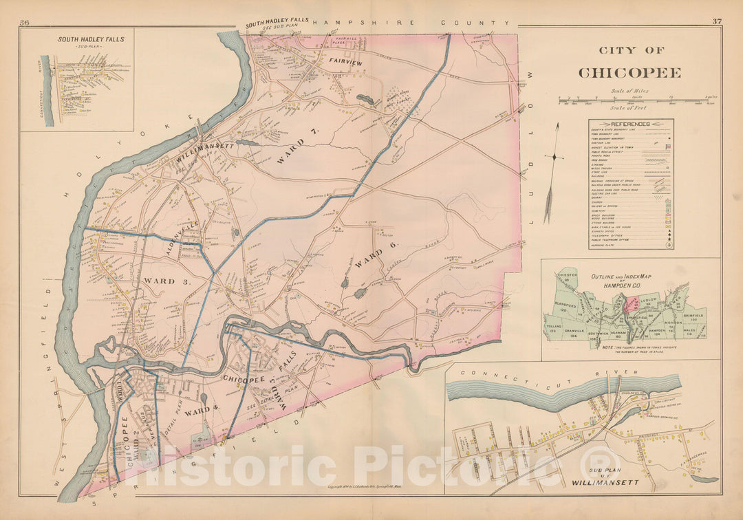 Historic Map : Atlas of Hampden County, Massachusetts, Chicopee 1894 , v2, Vintage Wall Art
