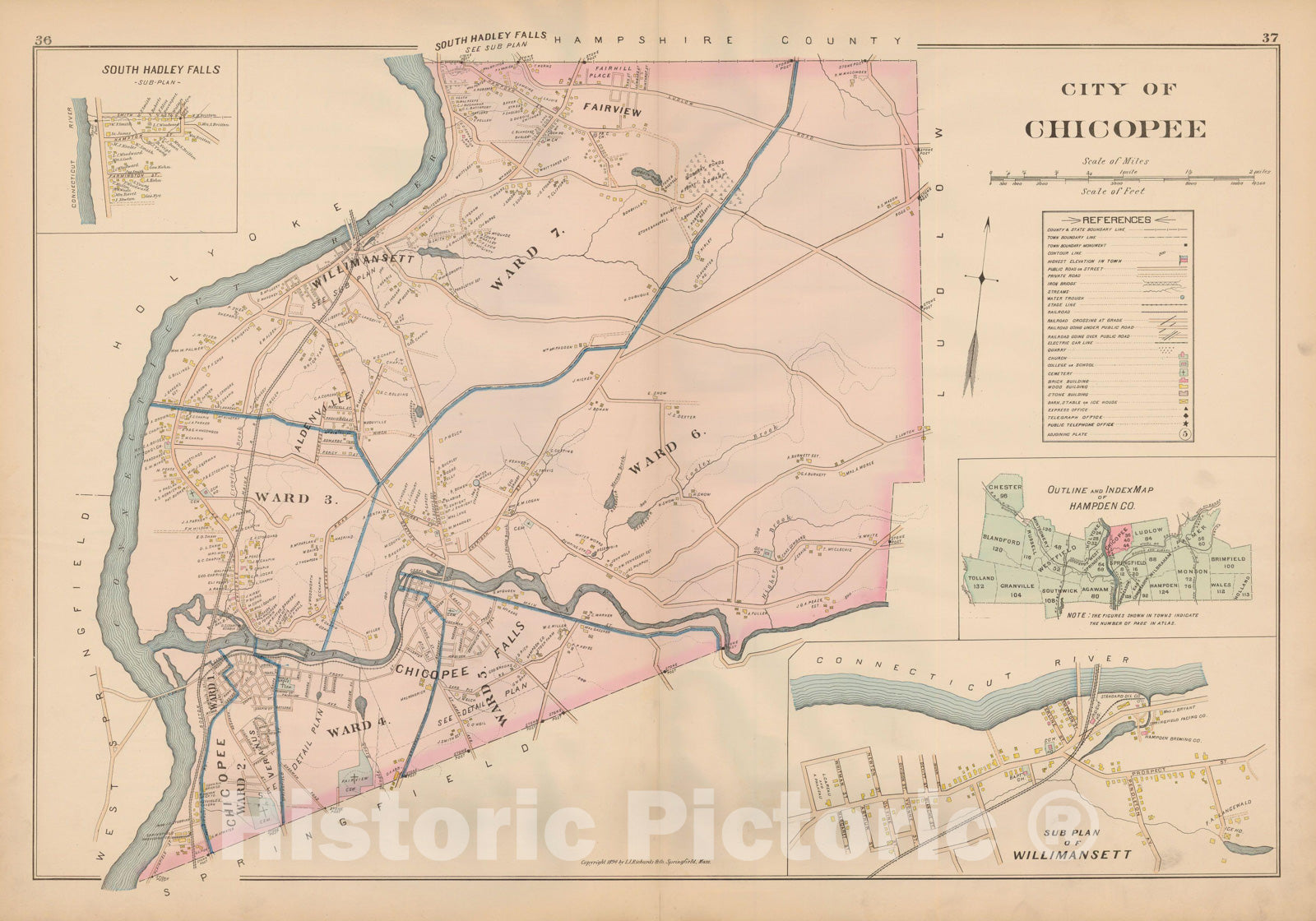 Historic Map : Atlas of Hampden County, Massachusetts, Chicopee 1894 , v2, Vintage Wall Art