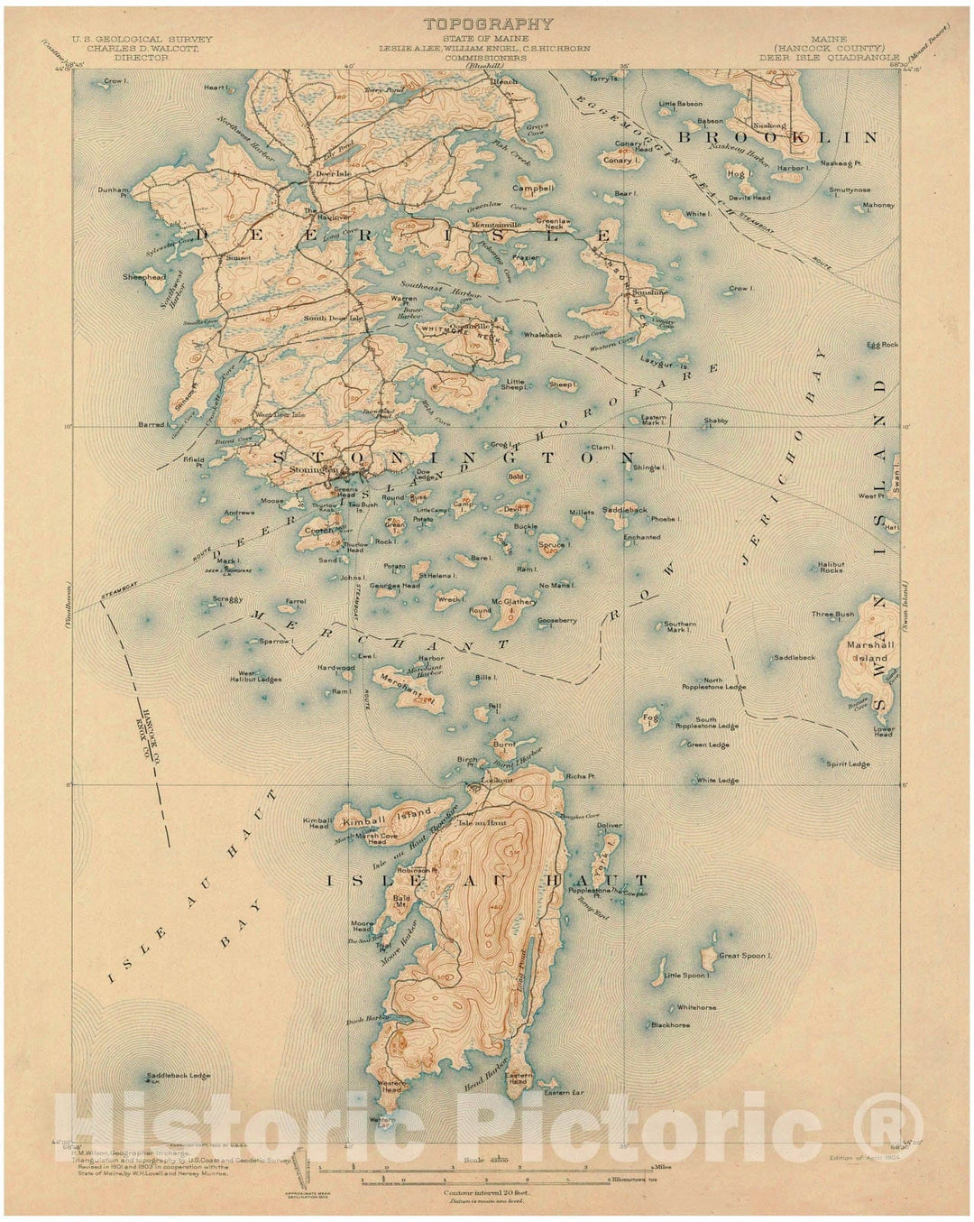 Historic Map : Atlas of Maine 1905, Deer Isle & Isle Au Haut & Stonington & Swan Island 1905 Topographic Map , Vintage Wall Art
