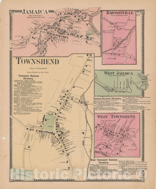Historic Map : Atlas of Windham County, VT, Jamaica & Townshend 1869 , Vintage Wall Art