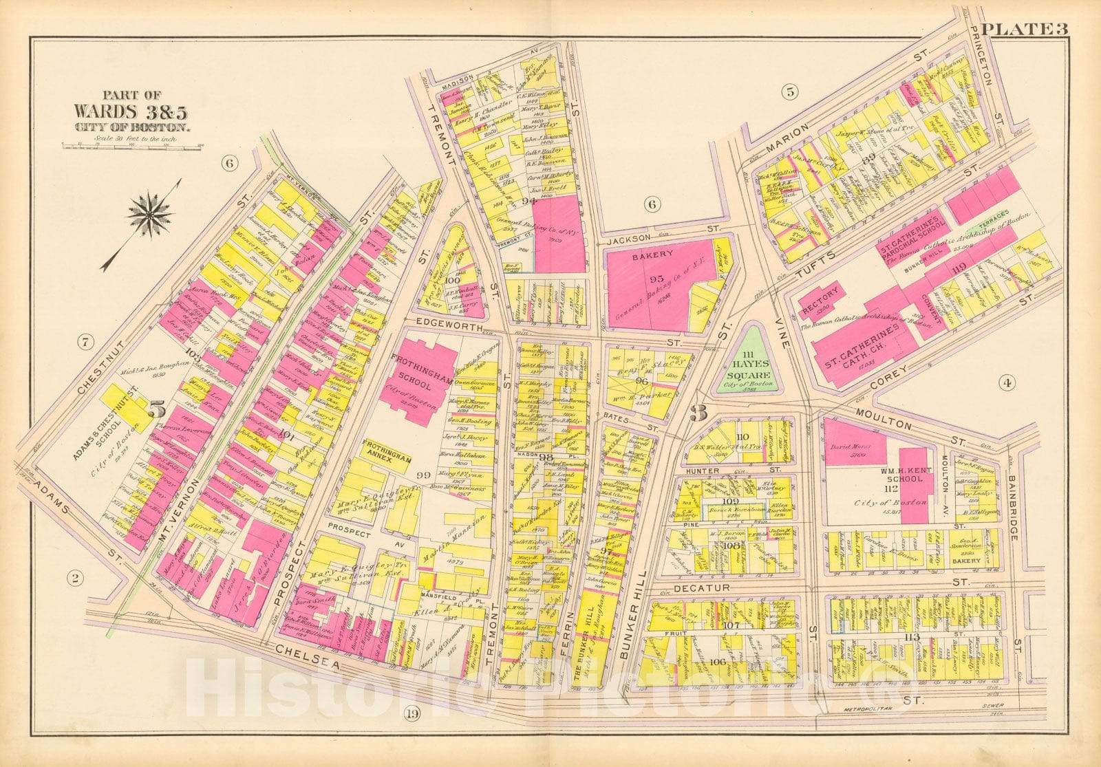 Historic Map : Atlas City of Boston: Charlestown and East Boston, Charlestown 1912 Plate 003 , Vintage Wall Art