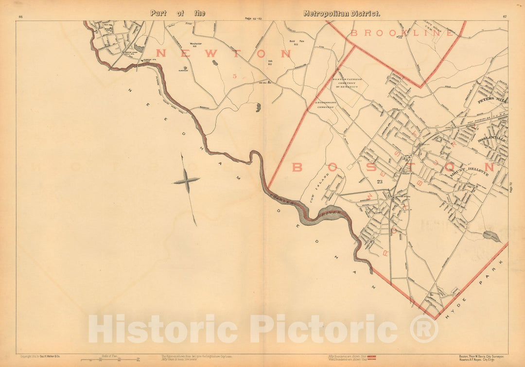 Historic Map : Atlas of Massachusetts, Newton & West Roxbury 1891 , Vintage Wall Art