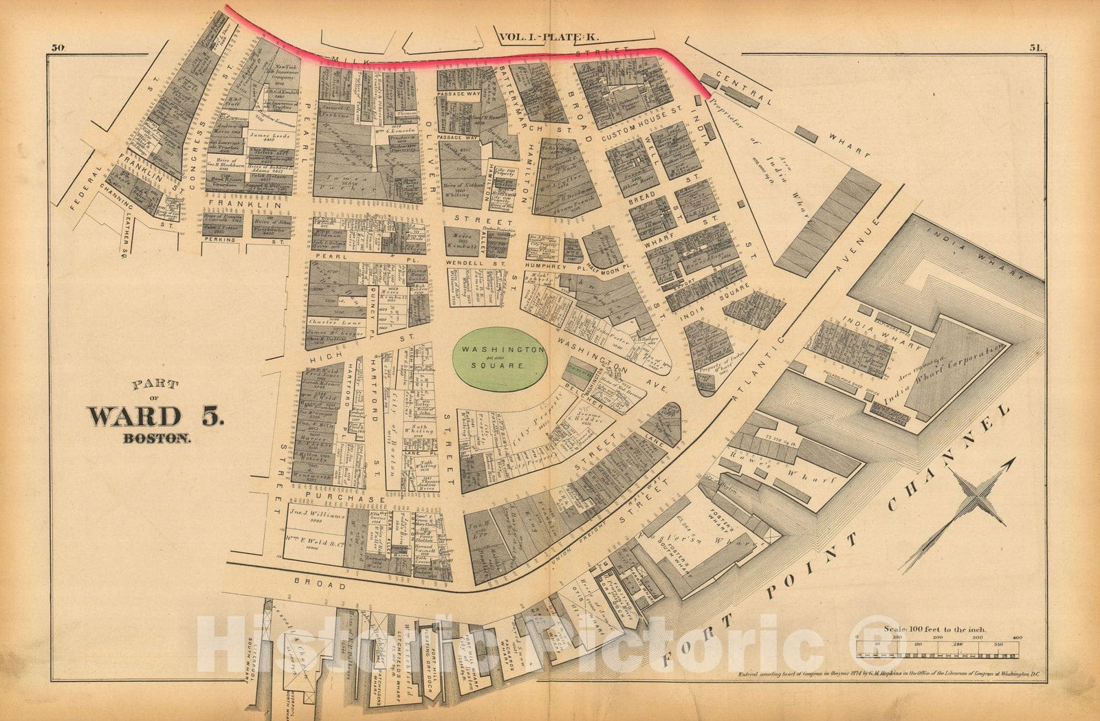 Historic Map : Atlas of County of Suffolk, MA Vol. 1 including Boston Proper, Boston 1874 Plate K , Vintage Wall Art