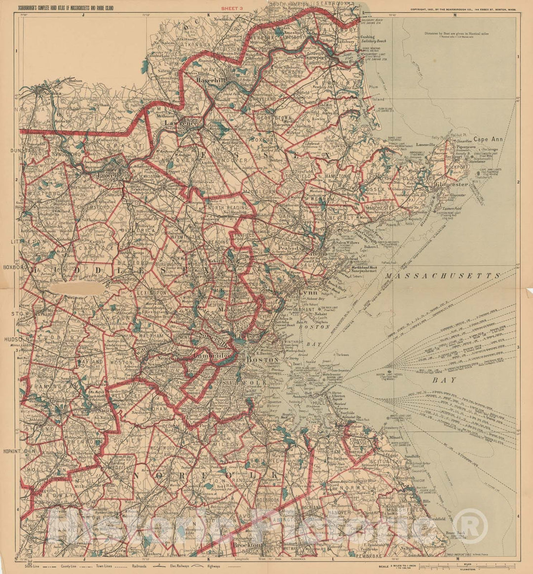 Historic Map : Complete Road Atlas of Massachusetts and Rhode Island, Eastern Massachusetts 1905 , Vintage Wall Art