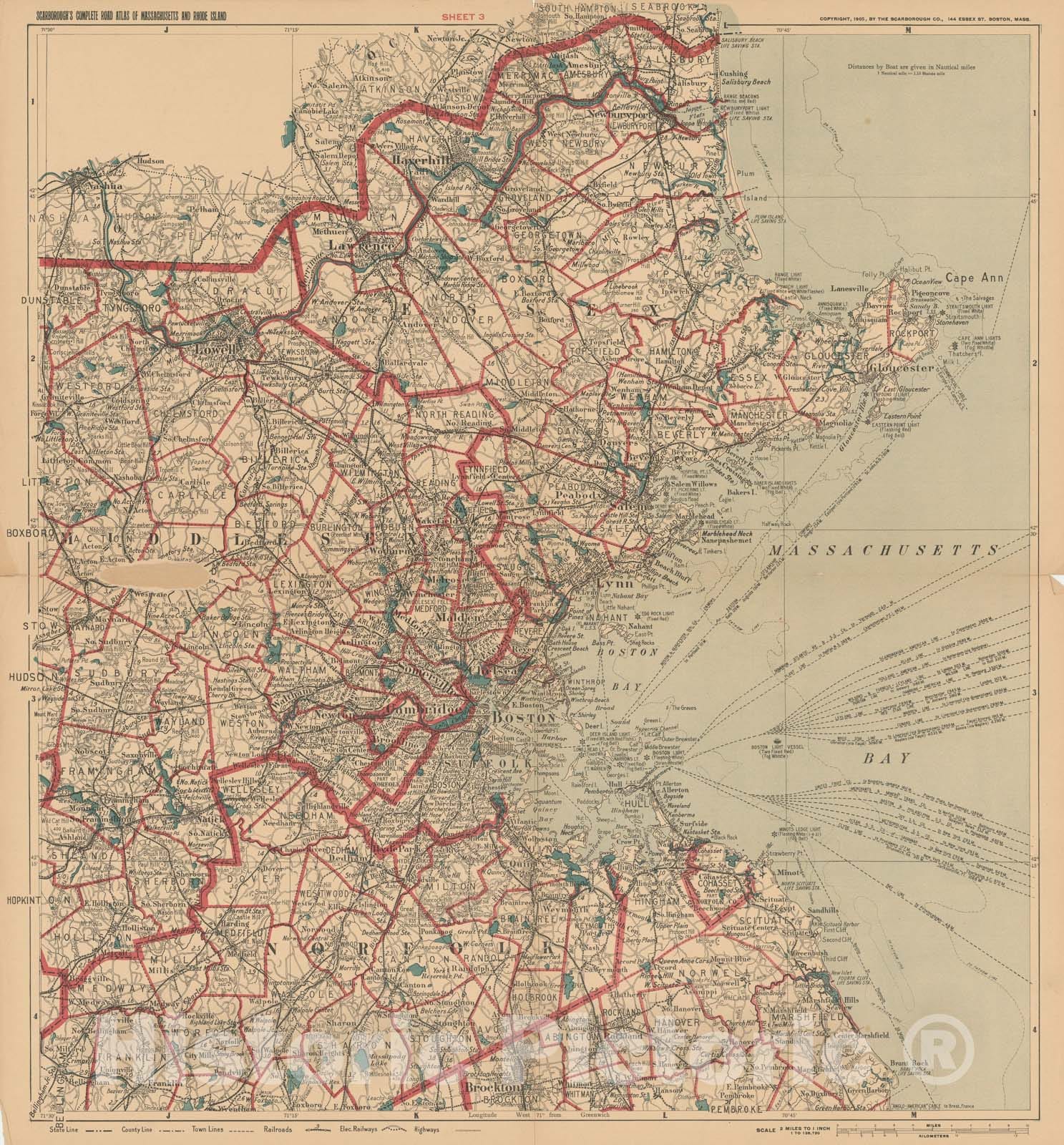 Historic Map : Complete Road Atlas of Massachusetts and Rhode Island, Eastern Massachusetts 1905 , Vintage Wall Art