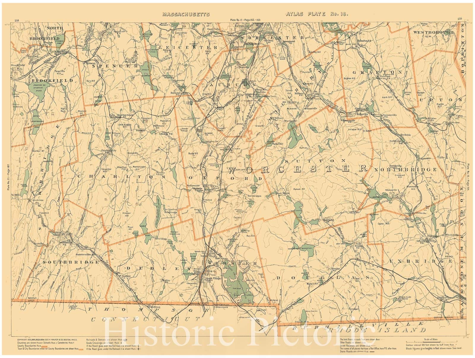 Historic Map : Atlas of Massachusetts, Charlton & Douglas & Grafton & Oxford & Sutton & Uxbridge & Webster 1904 Plate 016 , Vintage Wall Art