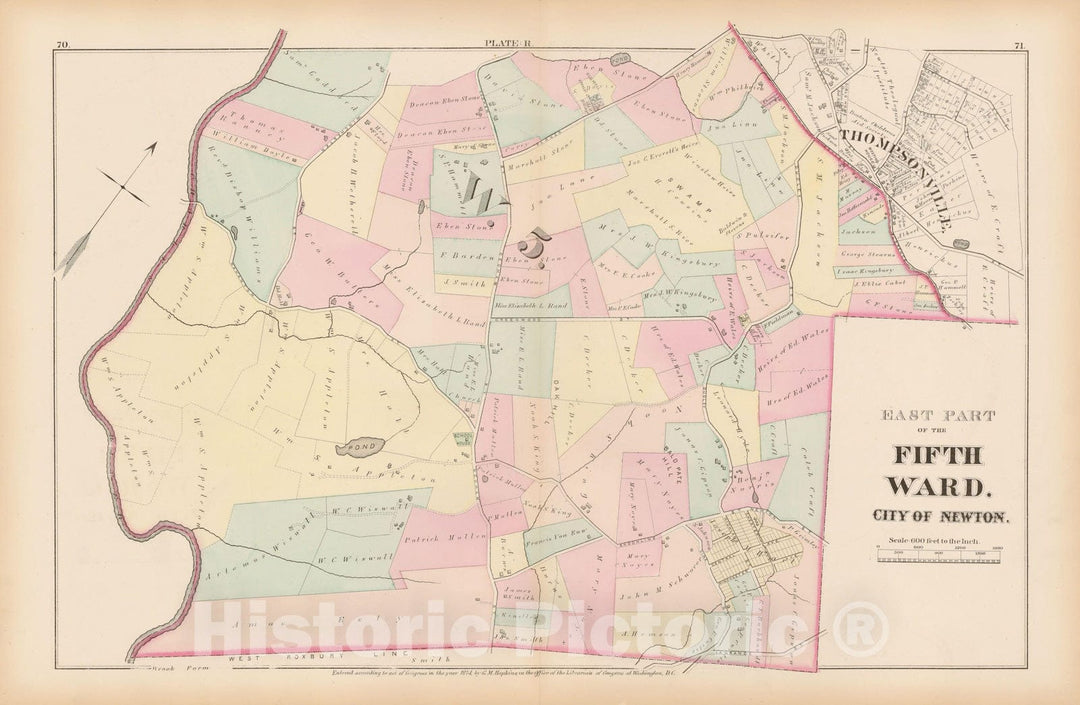 Historic Map : City of Newton, Middlesex County, Newton 1874 Plate R , Vintage Wall Art