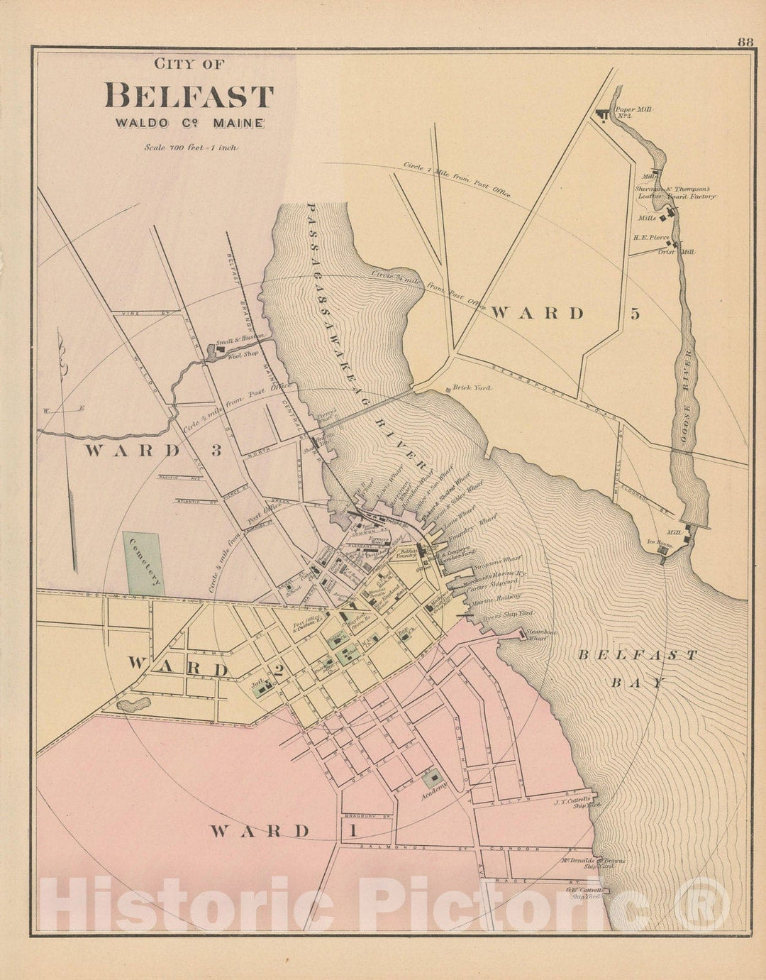 Historic Map : Atlas of Maine, Belfast 1885 , Vintage Wall Art