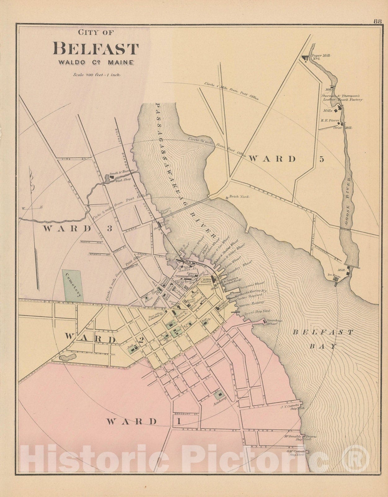 Historic Map : Atlas of Maine, Belfast 1885 , Vintage Wall Art