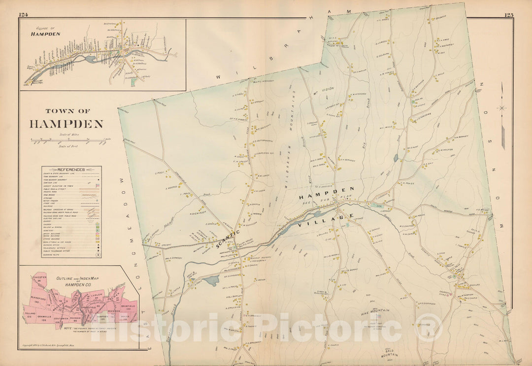 Historic Map : Atlas of Hampden County, Massachusetts, Hampden 1894 , Vintage Wall Art