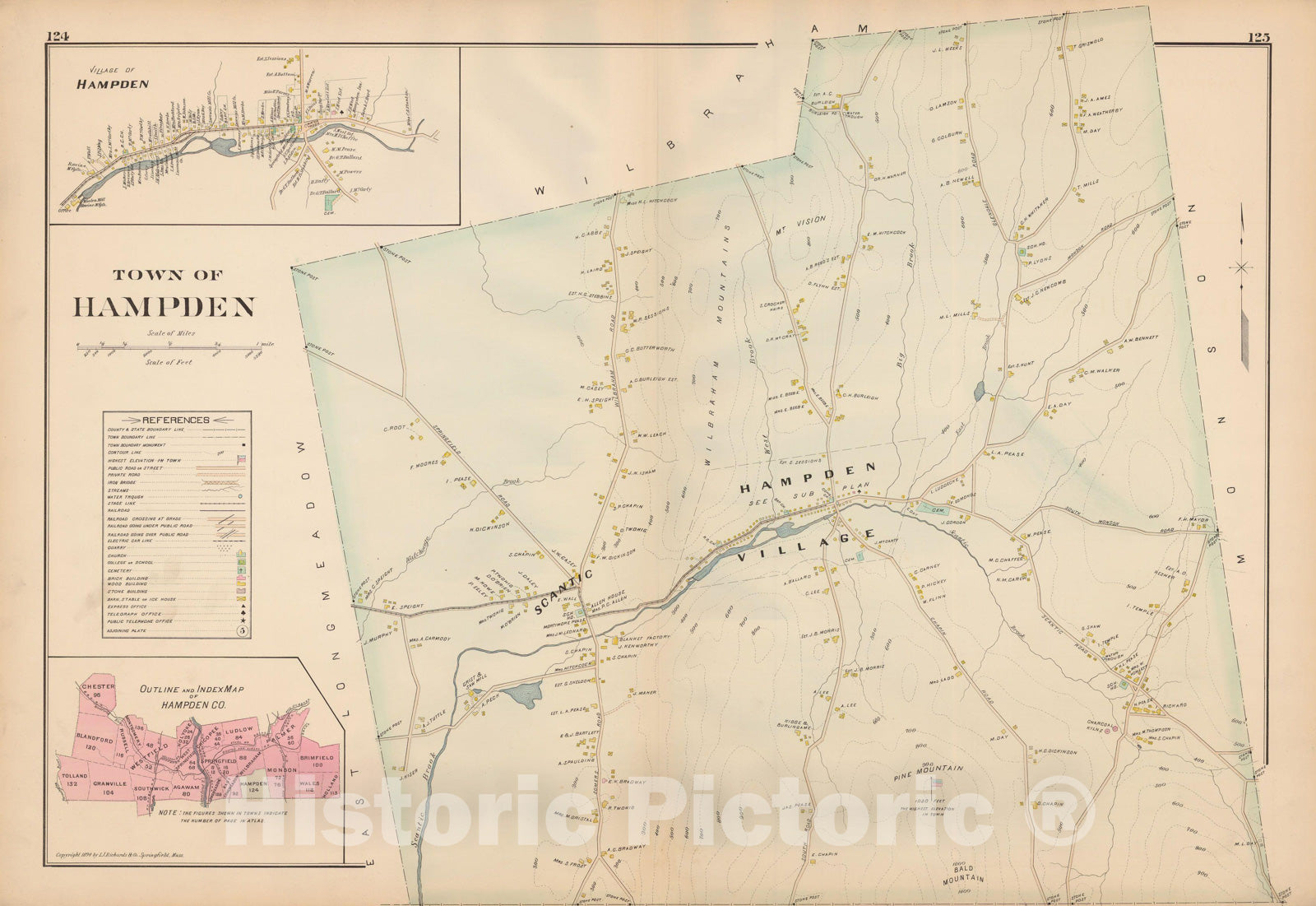 Historic Map : Atlas of Hampden County, Massachusetts, Hampden 1894 , Vintage Wall Art