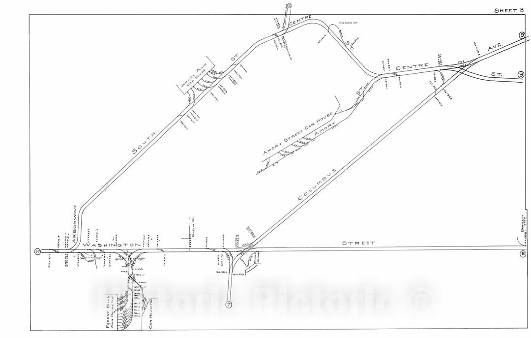 Historic Map : Boston Elevated Railway Track Plans, Jamaica Plain & Roxbury 1899-1915 Plate 008 , Vintage Wall Art