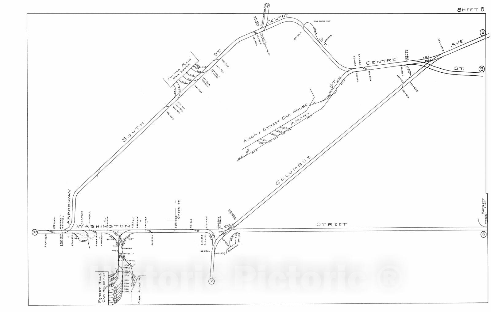 Historic Map : Boston Elevated Railway Track Plans, Jamaica Plain & Roxbury 1899-1915 Plate 008 , Vintage Wall Art