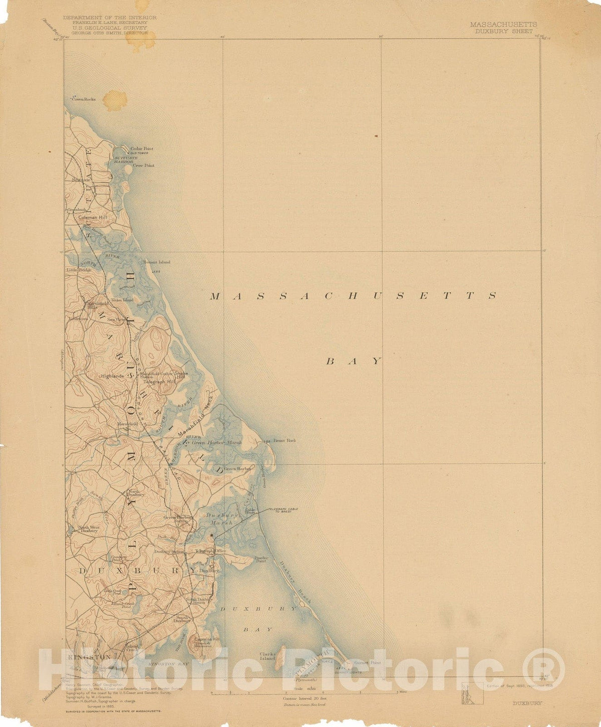 Historic Map : USGS 7.5 Minute Sheets and Quadrangles, Duxbury & Marshfield 1918 Topographic Map , Vintage Wall Art