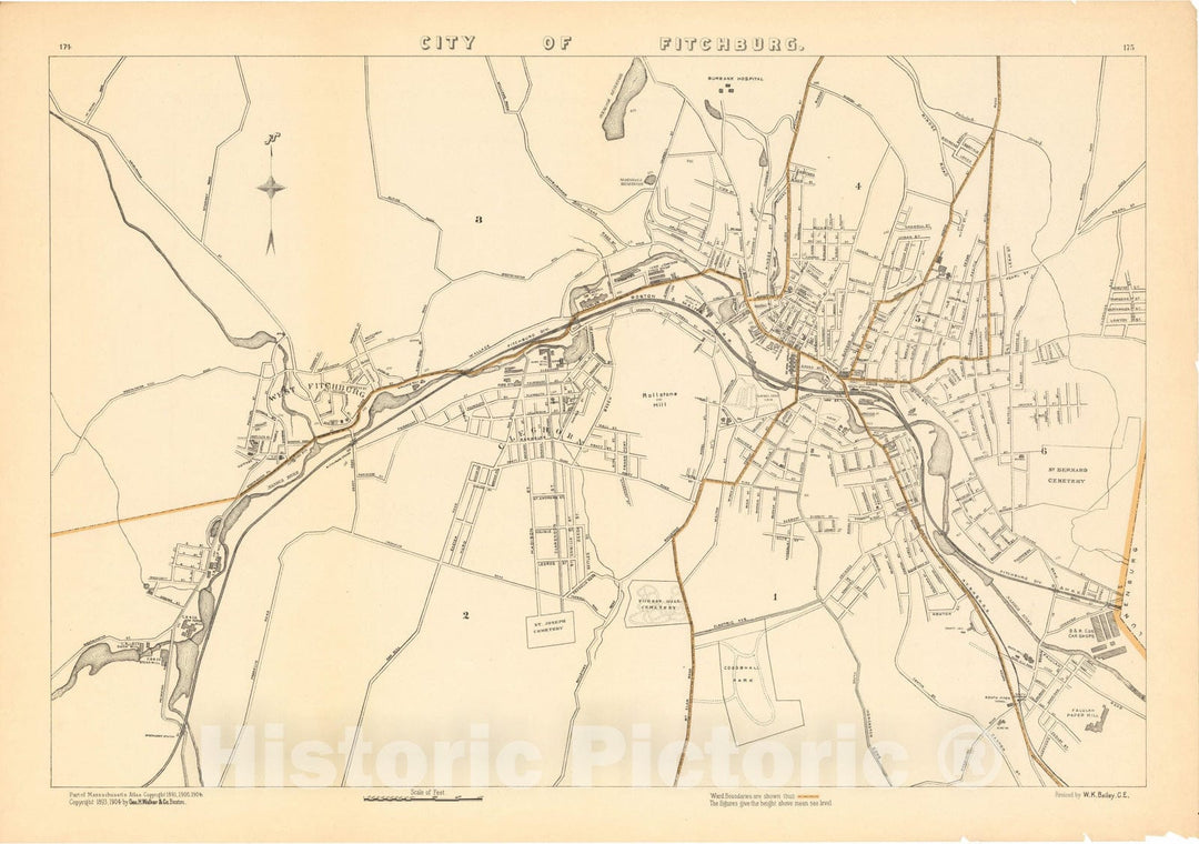 Historic Map : Fitchburg 1908 , Topographical Atlas of Massachusetts , Vintage Wall Art