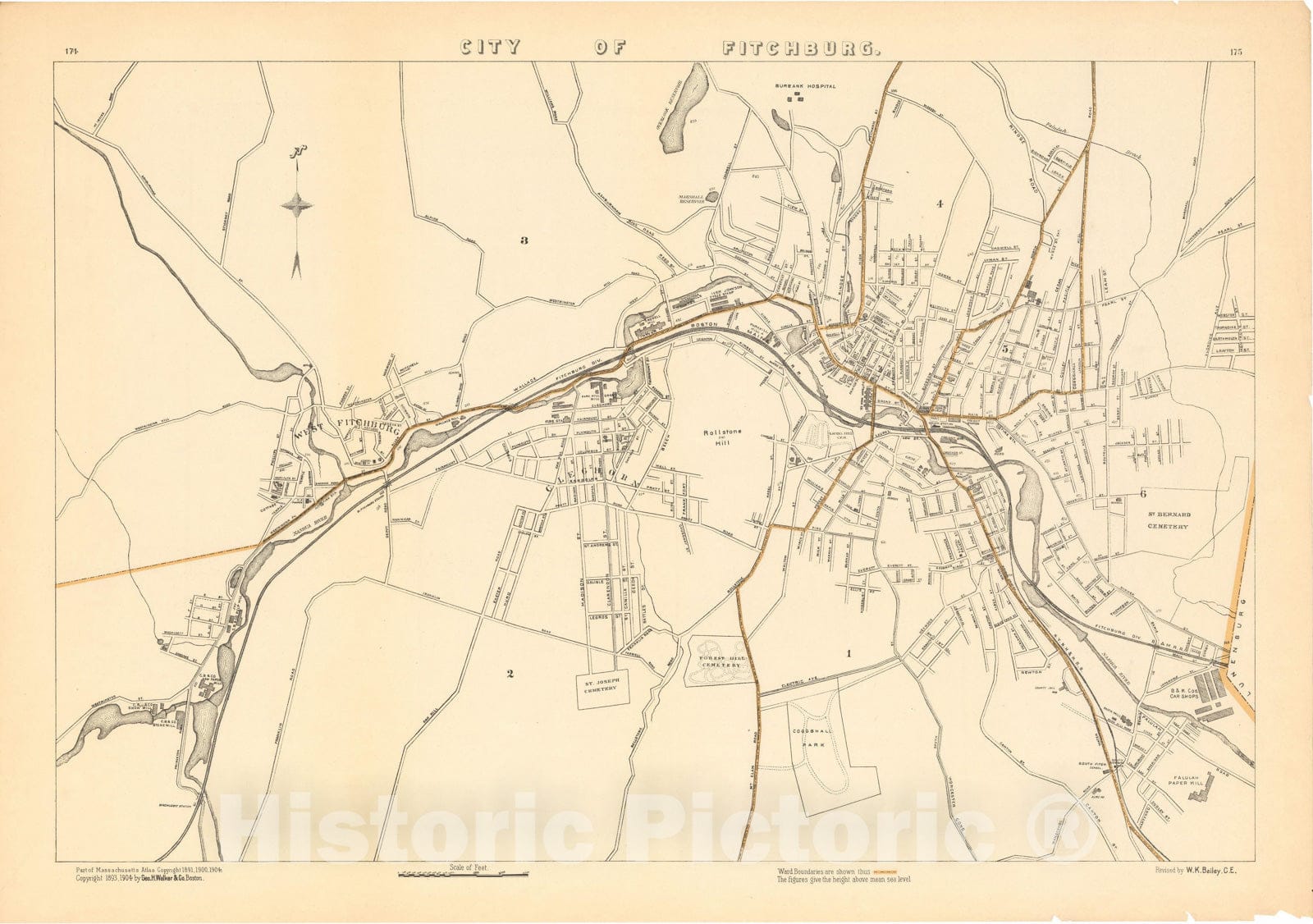 Historic Map : Fitchburg 1908 , Topographical Atlas of Massachusetts , Vintage Wall Art