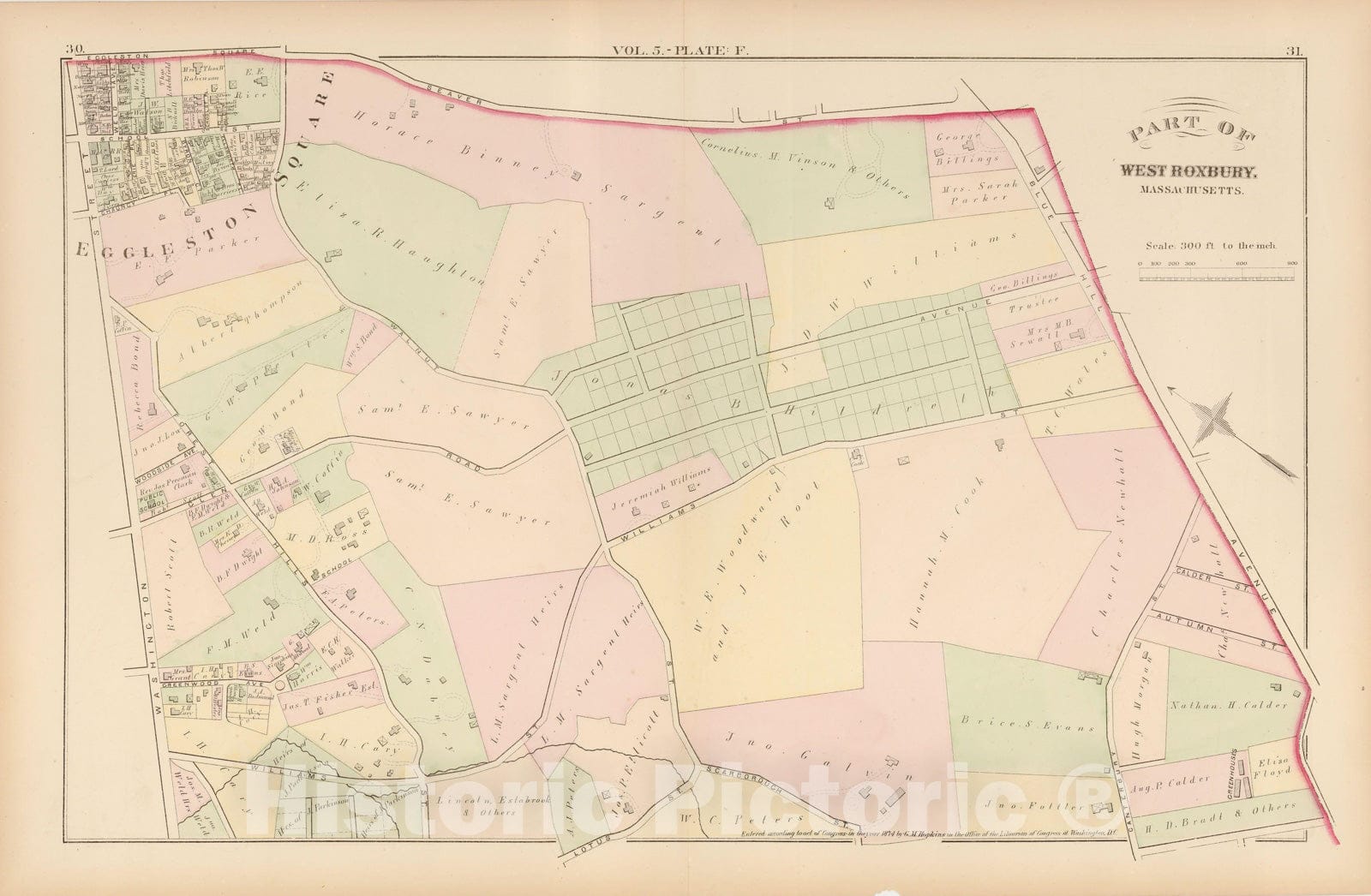 Historic Map : Atlas of County of Suffolk, MA, Vol. 5th, Jamaica Plain 1874 Plate F , Vintage Wall Art