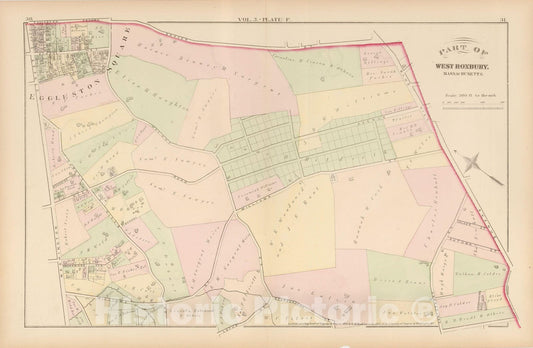 Historic Map : Atlas of County of Suffolk, MA, Vol. 5th, Jamaica Plain 1874 Plate F , Vintage Wall Art