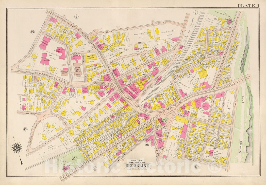 Historic Map : Atlas Town of Brookline, Brookline 1907 Plate 001 , Vintage Wall Art