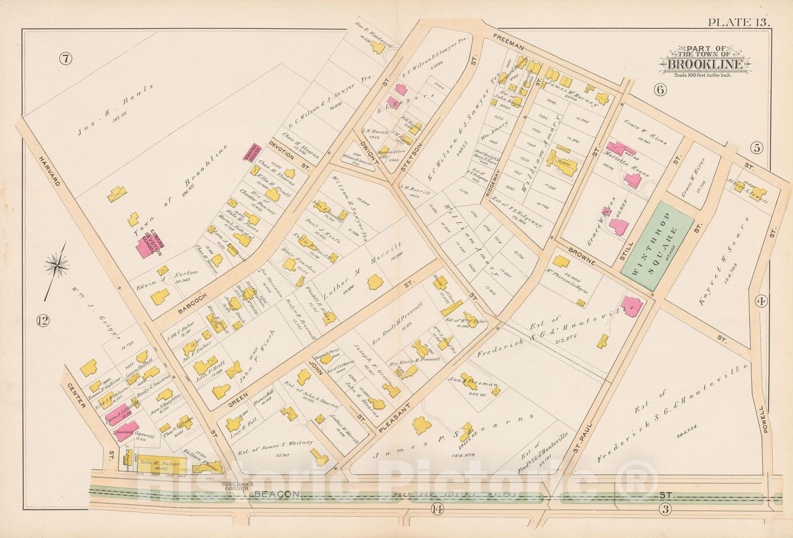 Historic Map : Atlas Town of Brookline, Brookline 1893 Plate 013 , Vintage Wall Art