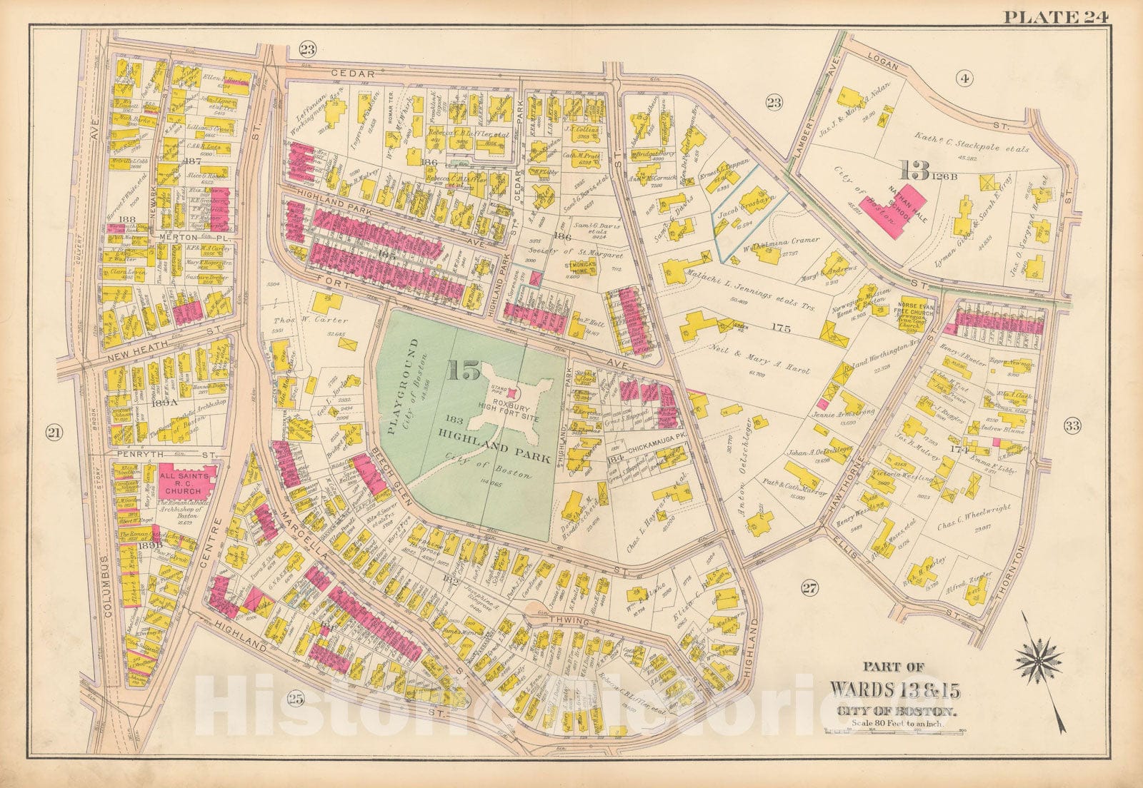 Historic Map : Atlas City of Boston, Roxbury, Roxbury 1915 Plate 024 , Vintage Wall Art