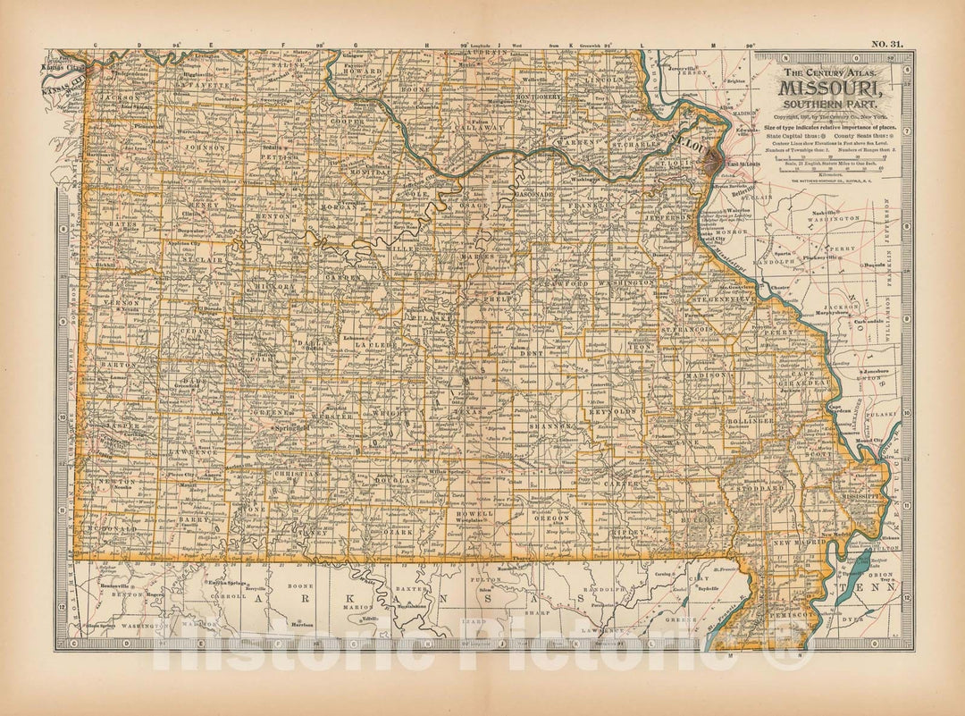 Historic Map : Missouri 1897 , The Century Atlas World , v2, Vintage Wall Art