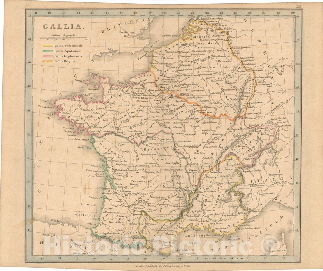 Historic Map : First Classical Atlas, Ancient Gallia 1849 , Vintage Wall Art