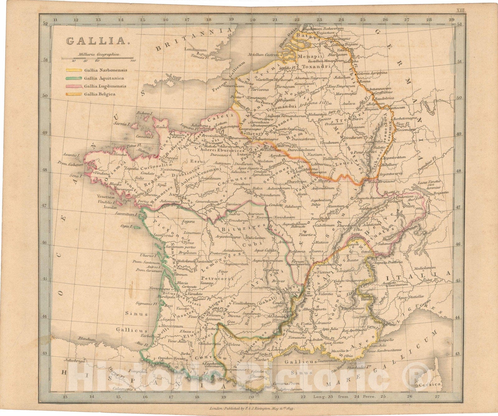 Historic Map : First Classical Atlas, Ancient Gallia 1849 , Vintage Wall Art