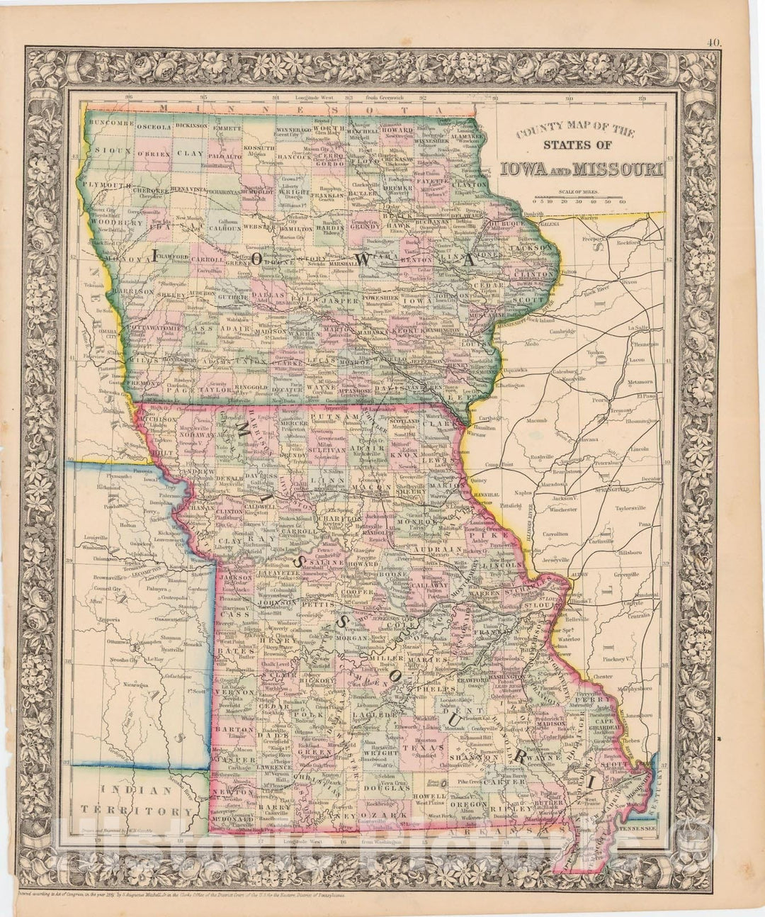 Historic Map : Iowa & Missouri 1864 , New General (World) Atlas , Vintage Wall Art